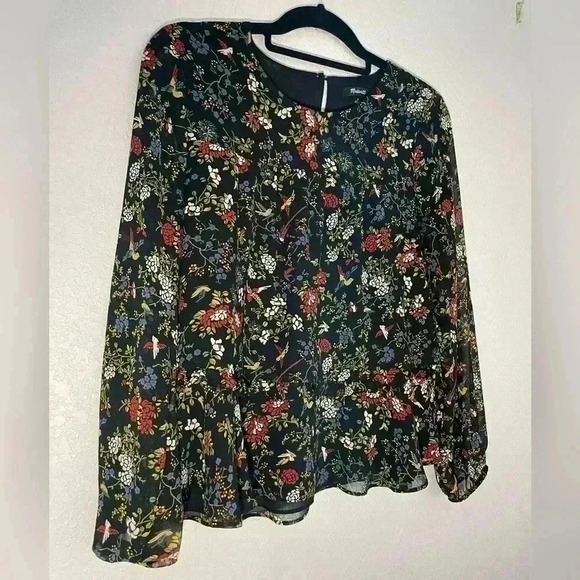 Madewell Finch Floral Ruffle Shirt Birds Black Chiffon Long Sleeve Blouse Top S - Picture 4 of 10